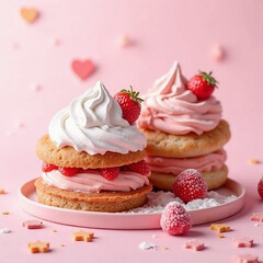 kawaii dessert booth, pastel pink & mocha, realistic strawberry cake, melon pan, whipped cream, sugar dust, paper cut shapes, cute patterns, bubble text, soft light