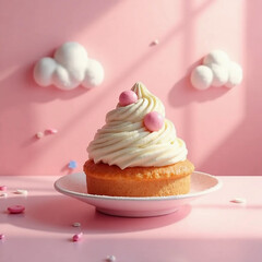 kawaii dessert shop, baby pink & brown, matcha cake, strawberry mousse, cream hearts, sugar sprinkles, floating pastel decor, cute bubble sign, soft light