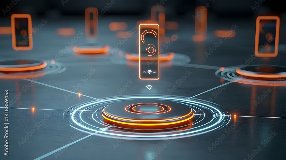 Poster closeup view of a modern wireless charging technology device with animated energy fields and electri