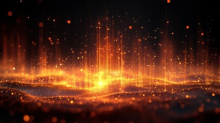 Golden glowing particles with luminous rays on dark background abstract digital art bright celebration energy festive glamour