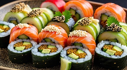 A close-up of assorted sushi rolls featuring salmon, cucumber, roe, and sesame seeds, arranged vibrantly on a white plate