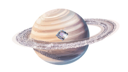 The image presents a digital rendering of a Saturn-like planet featuring prominent rings composed of multiple concentric bands of varying thickness and opacity.