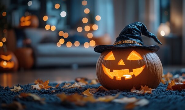 Cozy Halloween room with glowing pumpkins witch hat autumn leaves warm spooky lighting