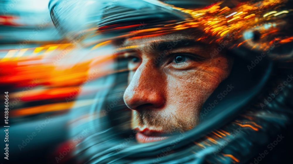 Poster a close-up of a man's face within a helmet with light trails, emphasizing focus and determination wi