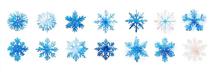 Blue watercolor snowflakes set hand drawn delicate winter holiday decoration