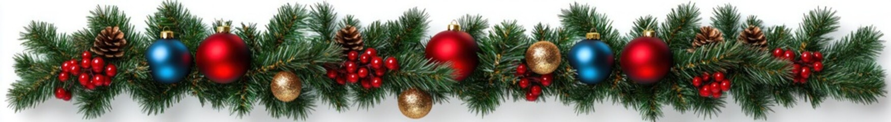 Fototapeta premium festive Christmas garland with green pine branches red berries colorful ornaments on white background