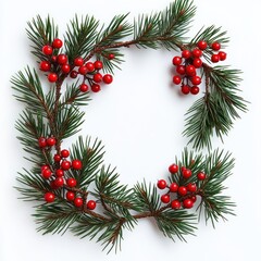 Minimalist Christmas frame with pine branches and red berries on white background
