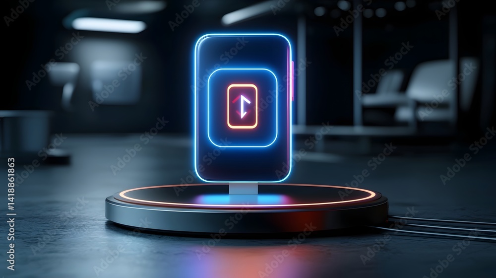 Poster glowing minimalist wireless charging hub levitating in a dark cosmic backdrop with shimmering lights