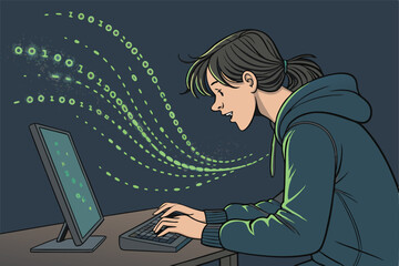 A person's hands rapidly typing on a glowing keyboard, binary code streams from the keys.  Cyberpunk aesthetic.
