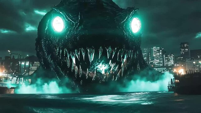 Enormous mythical sea creature emerging from dark waters, glowing eyes illuminating city skyline