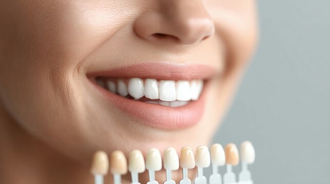 A radiant smile reveals perfect white teeth with a dental shade guide for comparison.