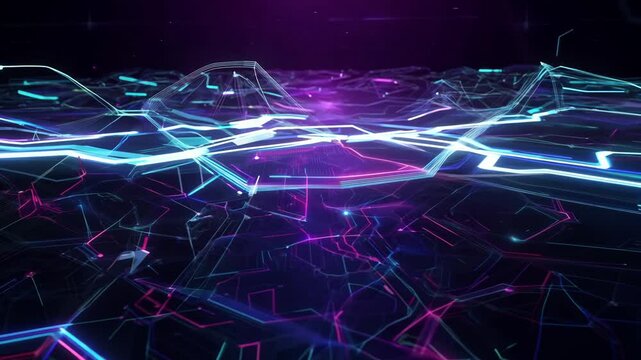 "A dynamic and futuristic animation of interconnected digital networks, glowing blue and purple lines forming data pathways, flowing binary code, abstract circuit board patterns, fiber optic effects, 