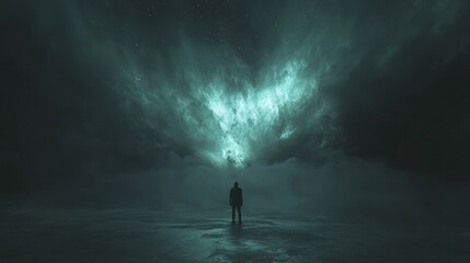 Obraz premium Solitary Figure Before Ethereal Glow: A Nighttime Mystical Scene