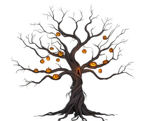 Obraz premium Enchanting Halloween Night, A Twisted Tree Aglow with Smiling Jack o' Lanterns, Casting a Cozy, Spooky Ambiance Under a Starless Sky, Perfect for Festive Celebrations