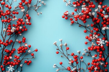Minimalist Christmas flat lay with red berries and white snowflakes on pastel cyan background winter holiday decoration top view Scandinavian style