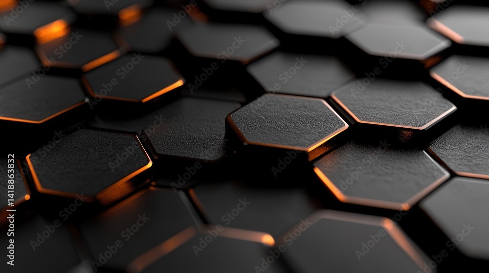 Poster abstract hexagonal geometric pattern, dark background, glowing highlights, 3d render