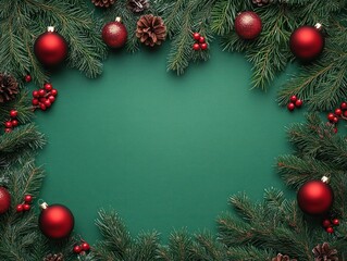 Christmas festive banner with pine branches red ornaments on green background holiday decoration celebration winter frame