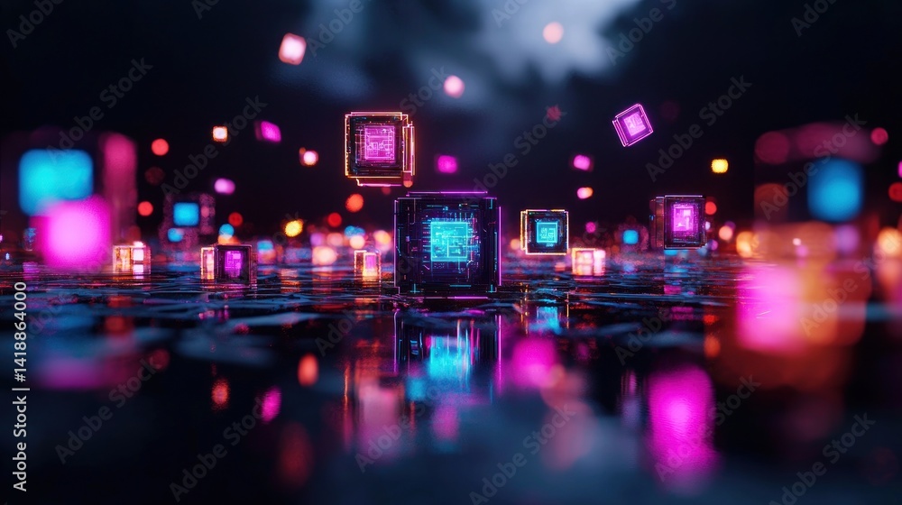 Canvas Prints futuristic digital cubes floating in a dark, reflective environment with glowing lights