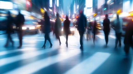 Fototapeta premium City night, blurred pedestrians crossing, vibrant lights, urban background, travel imagery