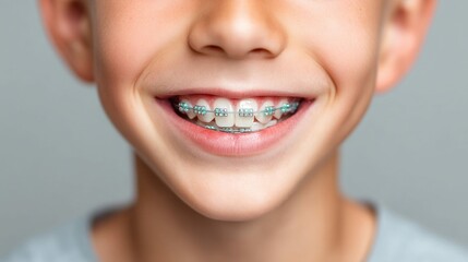 A bright smile of a young boy with braces, perfect for dental and orthodontic needs.