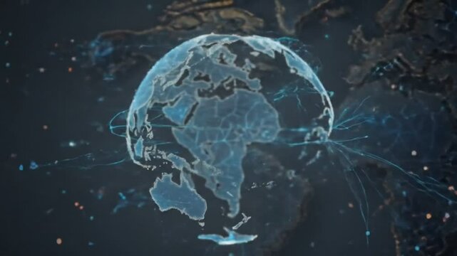 Digital planet: video demonstrates a futuristic world map with technological elements emphasizing the digital interconnectedness of the world.