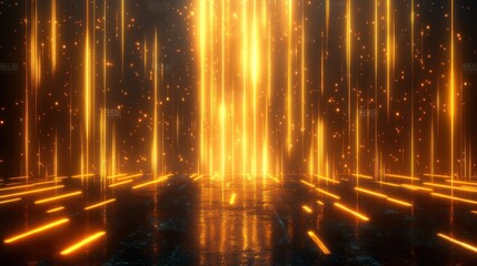 Golden neon rays and glitter particles in a futuristic digital space with reflective floor and dark ambient background