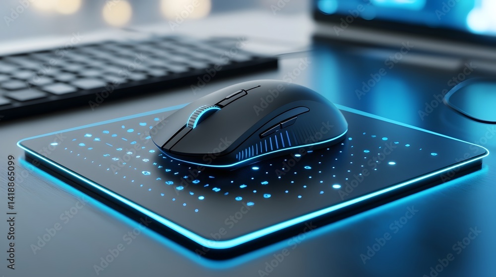 Poster wireless ergonomic mouse resting on sleek charging pad with subtle illumination a modern and minimal