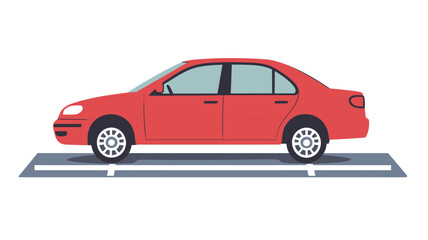 The image shows a digital rendering of a red four-door sedan in the middle of a grey scale, with the car featuring a minimalist flat design.