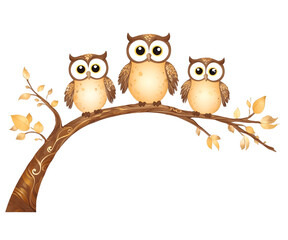 Enchanting illustration featuring a whimsical family of owls perched on a decorative branch, rendered with soft, inviting colors and a touch of fantasy