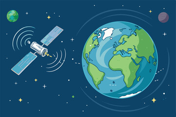 A detailed illustration of a satellite orbiting Earth, emitting strong signal lines, showcasing advanced communication technology.  Background depicts Earth's curvature.