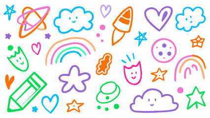 Obraz premium Colorful Doodle Element Vector Set, Hand-Drawn Bright Marker Shapes, Whimsical Doodle Graphics Collection, Rainbow Colored Sketch Element Pack Fun and Playful Doodle Vector Set