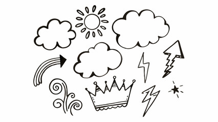 Doodle Weather and Fantasy Element Set, Hand-Drawn Sky and Magic Icons, Sketchy Nature and Whimsy Collection, Cartoon Weather Symbol Pack, Simple Line Art Sky and Fantasy