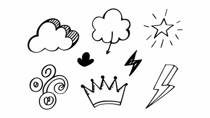 Doodle Weather and Fantasy Element Set, Hand-Drawn Sky and Magic Icons, Sketchy Nature and Whimsy Collection, Cartoon Weather Symbol Pack, Simple Line Art Sky and Fantasy