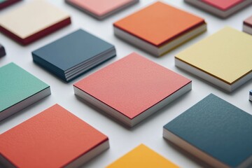 Colorful square stacks of paper on white background.  A display of textures and color palettes.