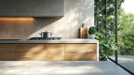 Modern kitchen features sunlight plants and cooking on stovetop