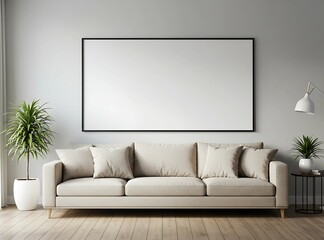 Horizontal frame mockup above a sofa in a modern living room with a sleek sofa, minimalist decor, and natural elements for a calm and inviting space. Interior, design, wall art, furniture
