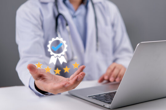 Doctor reviewing and rating healthcare service online with digital certificate and five stars. Great for medical feedback, telemedicine, and patient satisfaction.