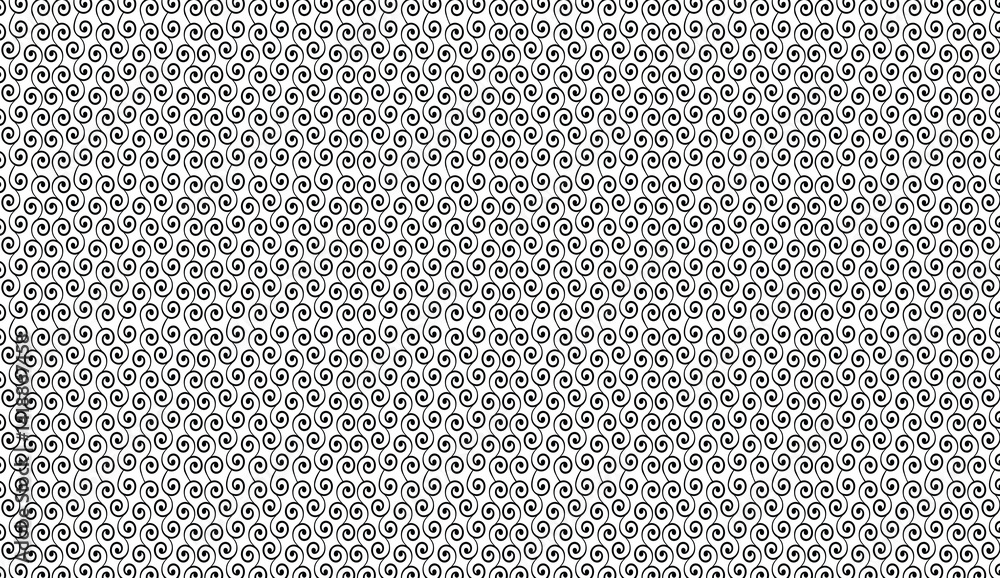Poster seamless vector pattern with simple black spirals on a white background creating a hypnotic optical 