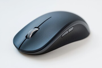 A sleek, dark gray wireless computer mouse with a scroll wheel and two extra buttons sits on a white surface.
