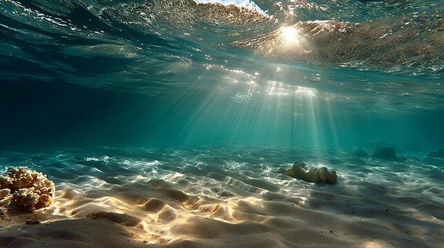 Sunlight beams through turquoise water.  Sunbeams underwater illuminate sandy seabed