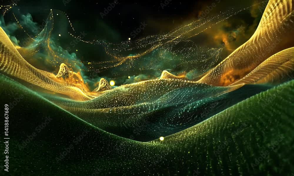 Poster a futuristic landscape made of glowing data points and lines, representing the flow of information i