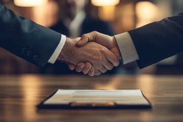 Businessmen shaking hands over signed contract, symbolizing a successful deal or partnership.