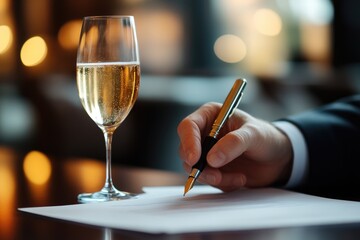 A person in a suit signs a document with a fountain pen, a glass of champagne sits nearby.