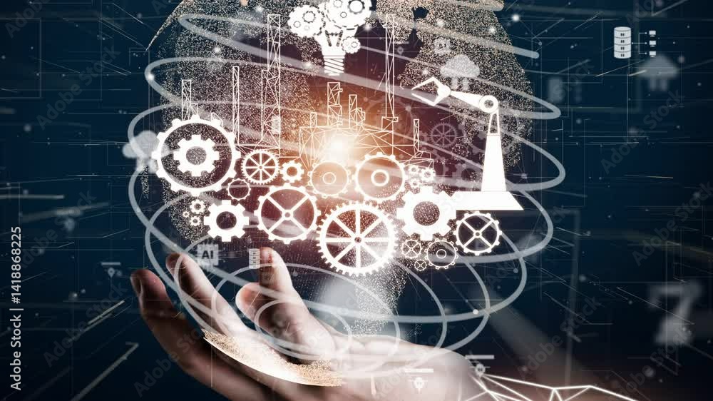 Poster futuristic industry 4.0 and inventive mechanized engineering concept with graphic user interface sho