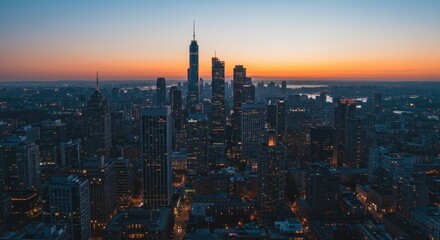 Naklejka premium City Skyline at Sunset with Illuminated Buildings