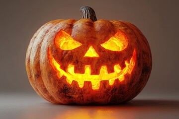 Glowing Halloween Pumpkin with Smiling Carved Face on White Background