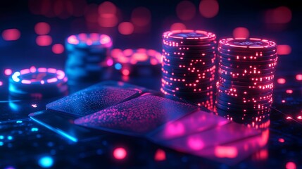 High-tech poker chips and cards in a vibrant casino setting.
