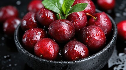 Fresh, plump, red plums in a bowl, glistening with water droplets.  Dark-colored bowl, surrounded by more plums