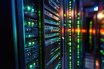 Illuminated server racks in a data center, showcasing technological infrastructure and network operations.