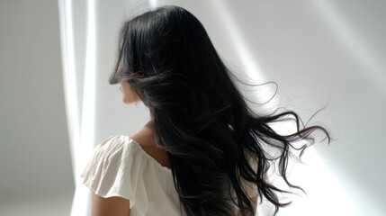 Fototapeta premium Beautiful model girl with Brown hair strand,silky healthy chestnut wavy hair strand,hair wavy ribbon, with smooth,Keratin straightening,Treatment,straight long hair,procedures,Smooth hairstyle.